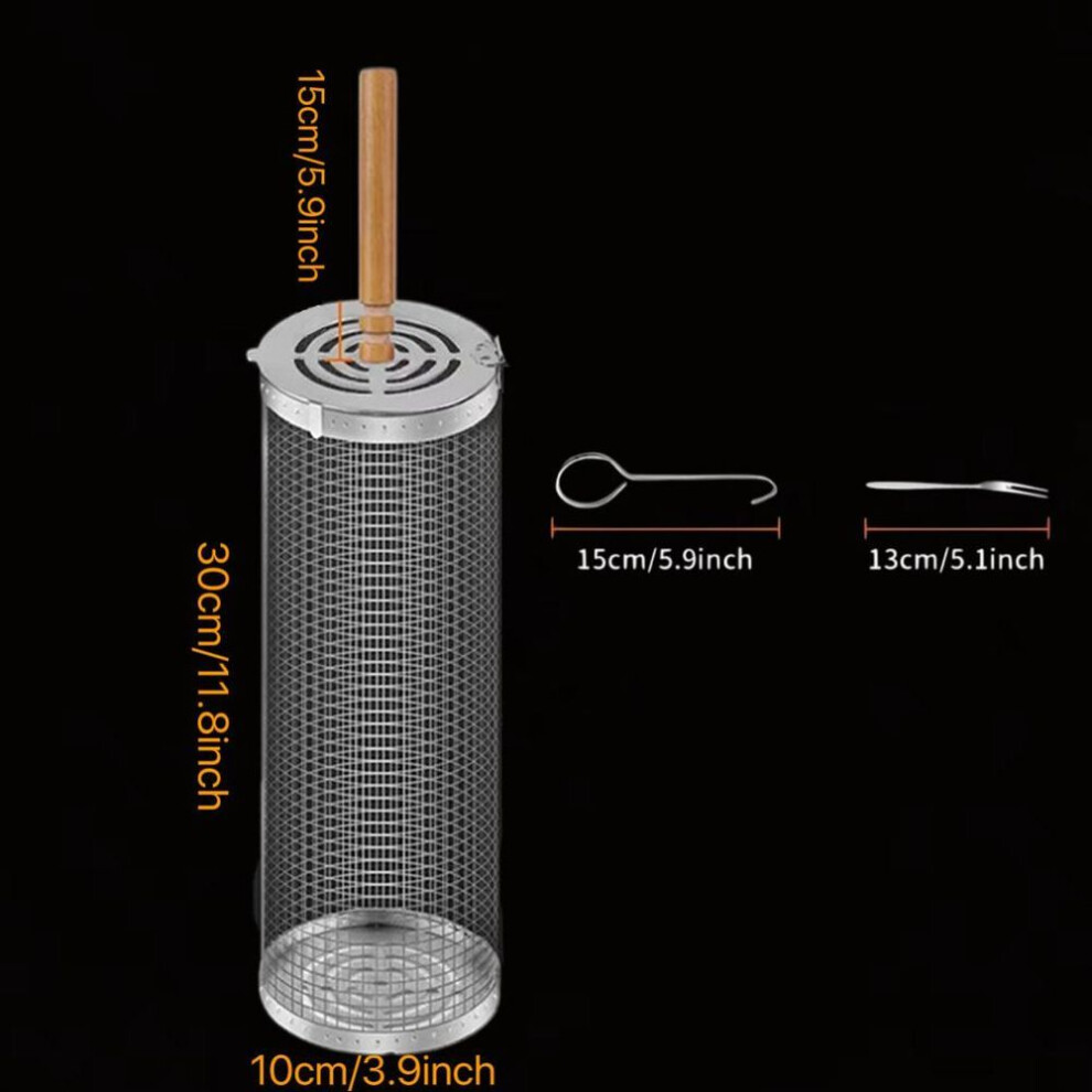 (30x10x10cm) Bbq Basket Stainless Steel Rolling Grilling Basket Wire Mesh Cylinder Grill Basket Portable Round Outdoor Camping Barbecue Racks