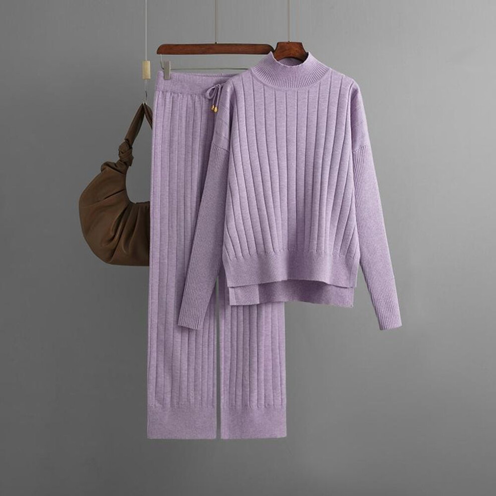 (light purple, OneSize) Fall Winter Lazy Wind Loose Half High Collar Pulllover Sweater Suit Women&apos;s Solid Color Pit Strip Long Sleeve Knit Wide Leg Pants Two Piece Set