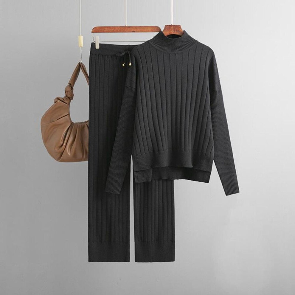 (black, OneSize) Fall Winter Lazy Wind Loose Half High Collar Pulllover Sweater Suit Women&apos;s Solid Color Pit Strip Long Sleeve Knit Wide Leg Pants Two Piece Set