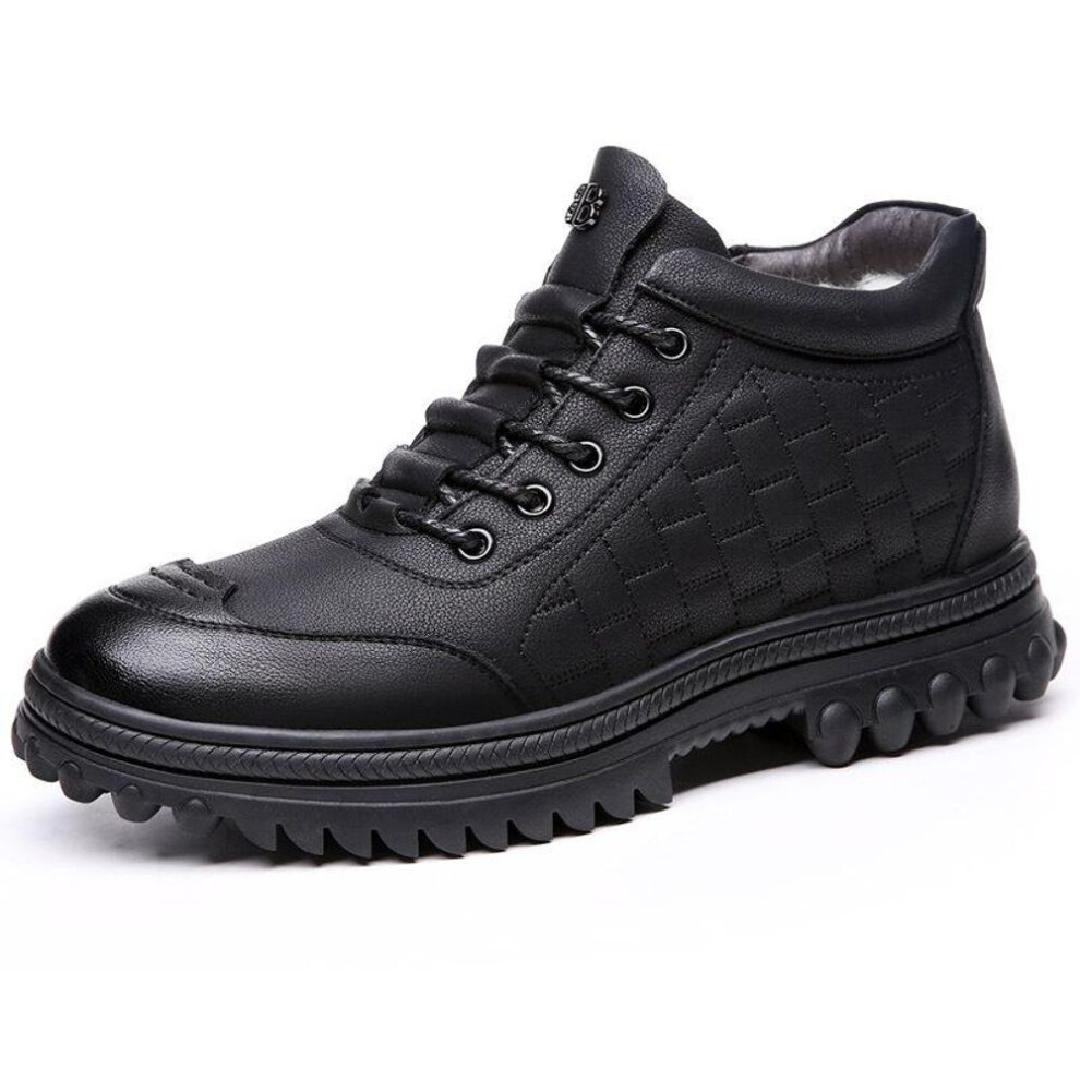 (black, 43) Men&apos;s Winter Thick Warm Fur Leather Boots Fleece Lining Casual Business Leather Shoes With Non-slip Rubber Sole For Men Outdoor Waterproof Snow S