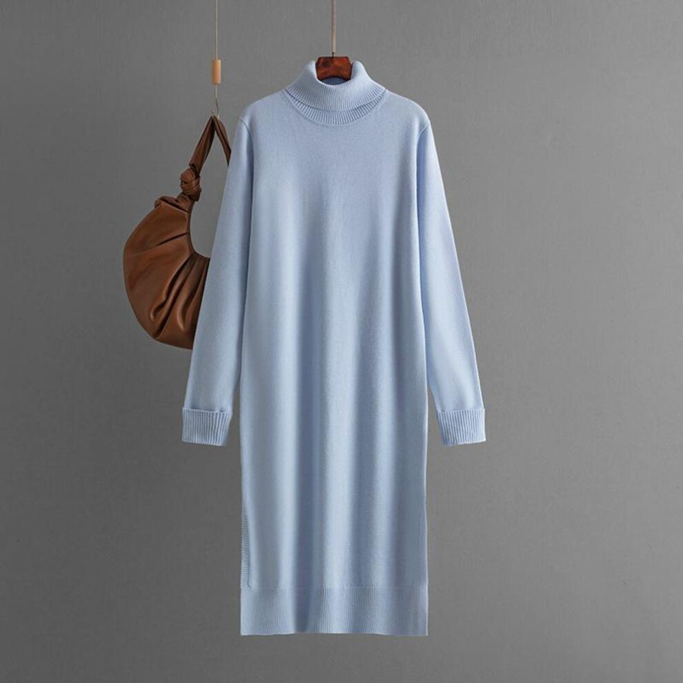 (light blue, One size) Women&apos;s Ribbed Knit Dress Long Sleeve Mock Neck Loose Fit Side Slit Fall Elegant Sweater Dresses Turtleneck Solid Color Knitted Midi Dress For Wo