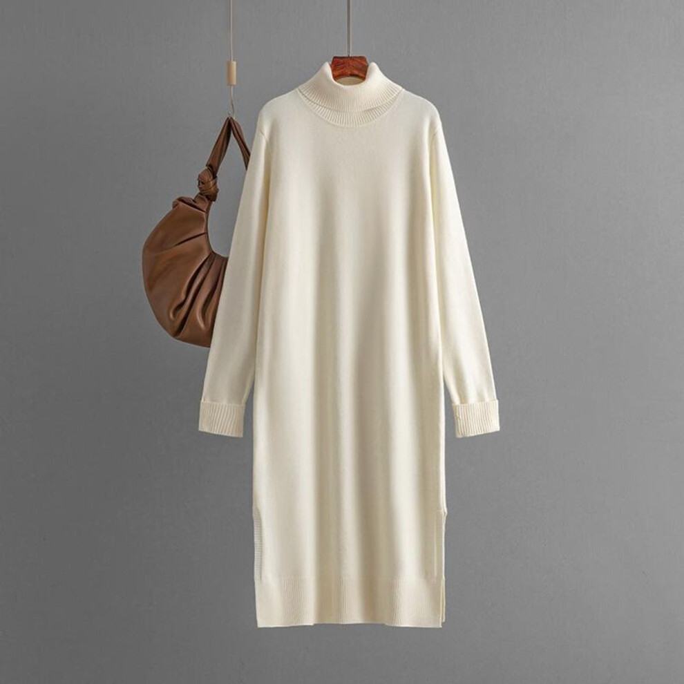 (apricot, One size) Women&apos;s Ribbed Knit Dress Long Sleeve Mock Neck Loose Fit Side Slit Fall Elegant Sweater Dresses Turtleneck Solid Color Knitted Midi Dress For Wo