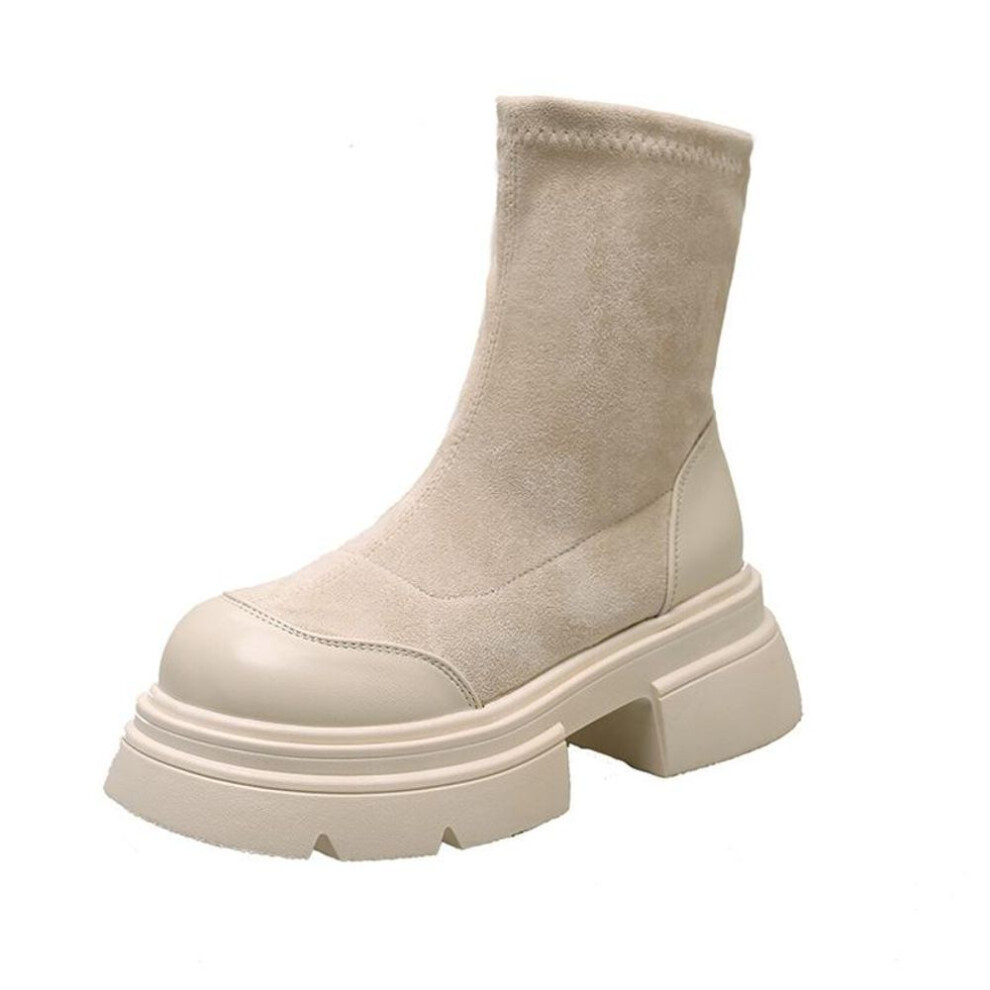 (beige, 37) Women&apos;s Chelsea Ankle Boots Low Heel Fall Boots Shoes Pull On Square Toe Combat Booties For Women Platform Slip On Chunky Block Heeled Ankle Boot