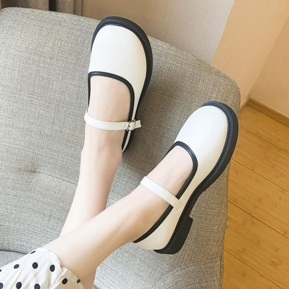 (white, 39) Women&apos;s Mary Jane Shoes Chunky Shoes Pu Leather Round Toe Flats Non-slip Ankle Buckle Strap Loafers Casual Dressy Party School Work Shoes For Wom