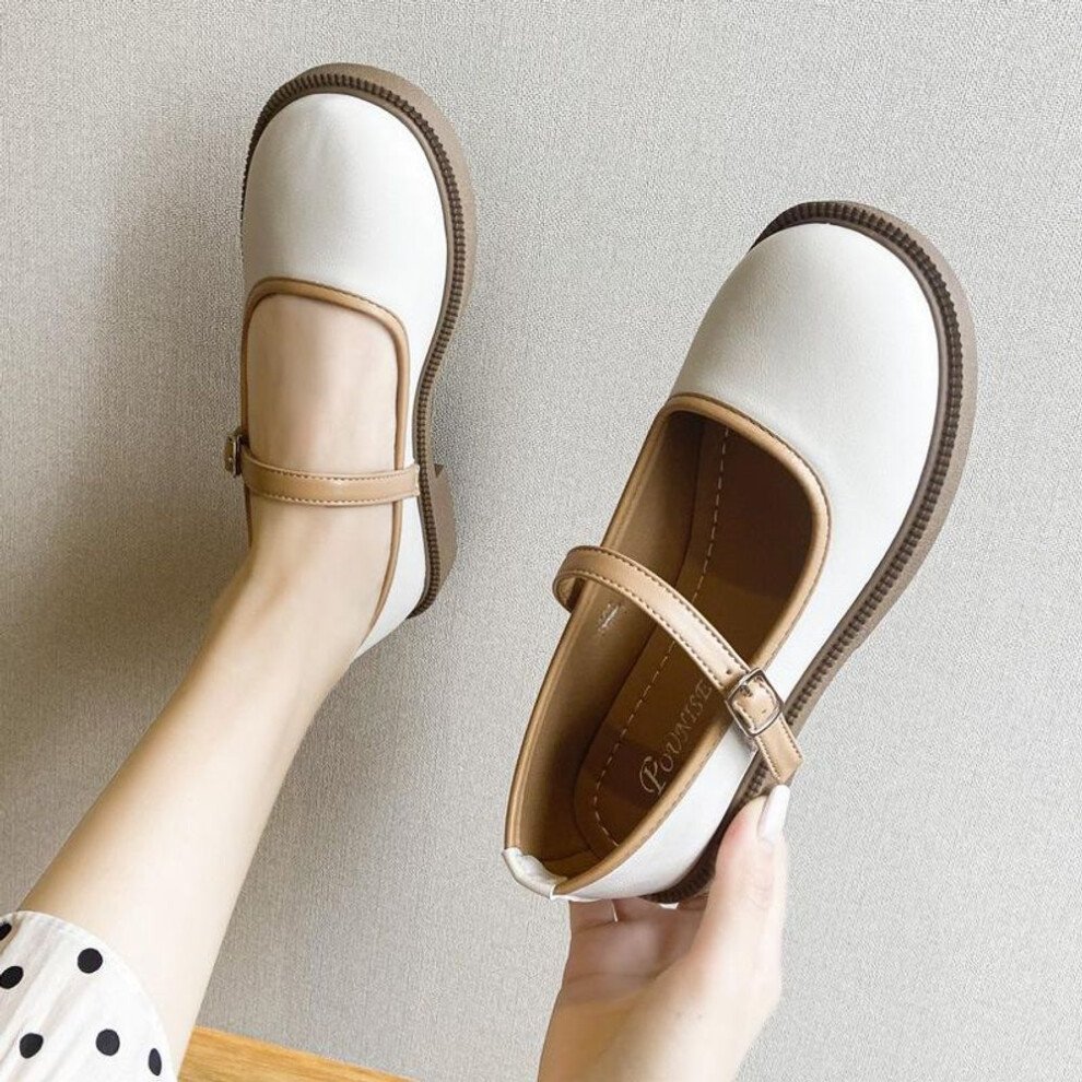 (beige, 39) Women&apos;s Mary Jane Shoes Chunky Shoes Pu Leather Round Toe Flats Non-slip Ankle Buckle Strap Loafers Casual Dressy Party School Work Shoes For Wom