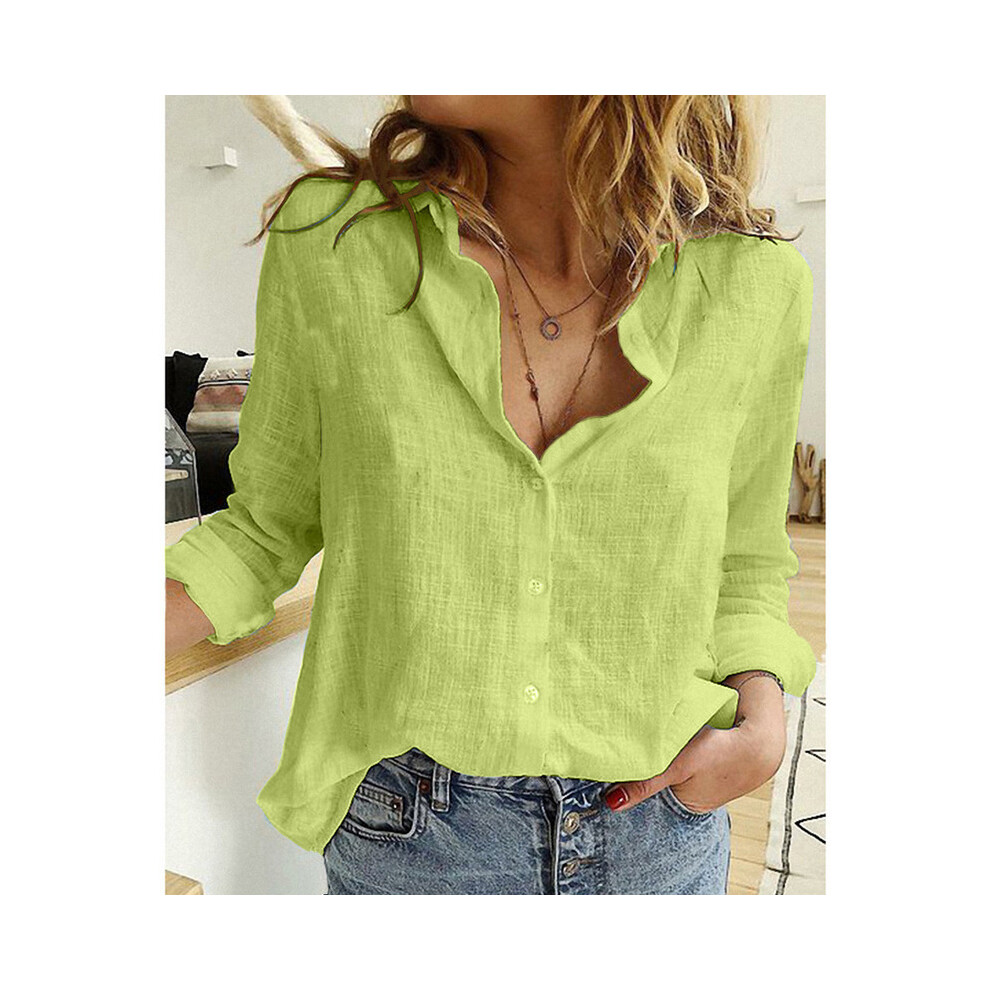 (Mint green, XXL) Cotton Linen Shirt Vintage Butterfly Print Top Lapel Long Sleeve OL Women Tops Casual White Button Up Shirts Blusas