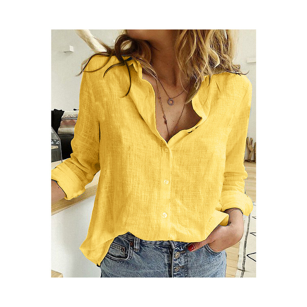 (yellow, S) Cotton Linen Shirt Vintage Butterfly Print Top Lapel Long Sleeve OL Women Tops Casual White Button Up Shirts Blusas