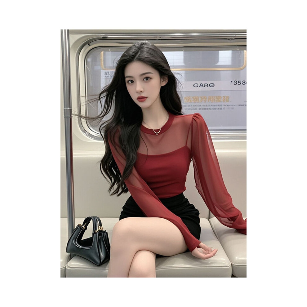 (Burgundy, L) Women Spring Summer Fashion Office Lady Net Yarn O-neck Long Sleeve T-Shirt Ladies Sexy Trend All-match Casual Solid Color Tops