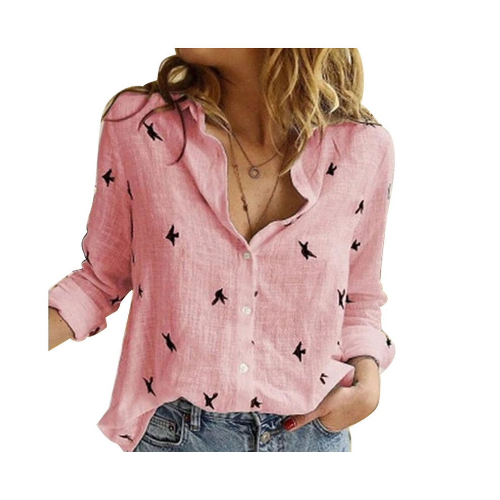 Maxpower (Pink, L) Casual Long Sleeve Birds Print Loose T Shirts Women Oversized Cotton And Linen Blouses And Tops Vintage Streetwear Tunic Tees