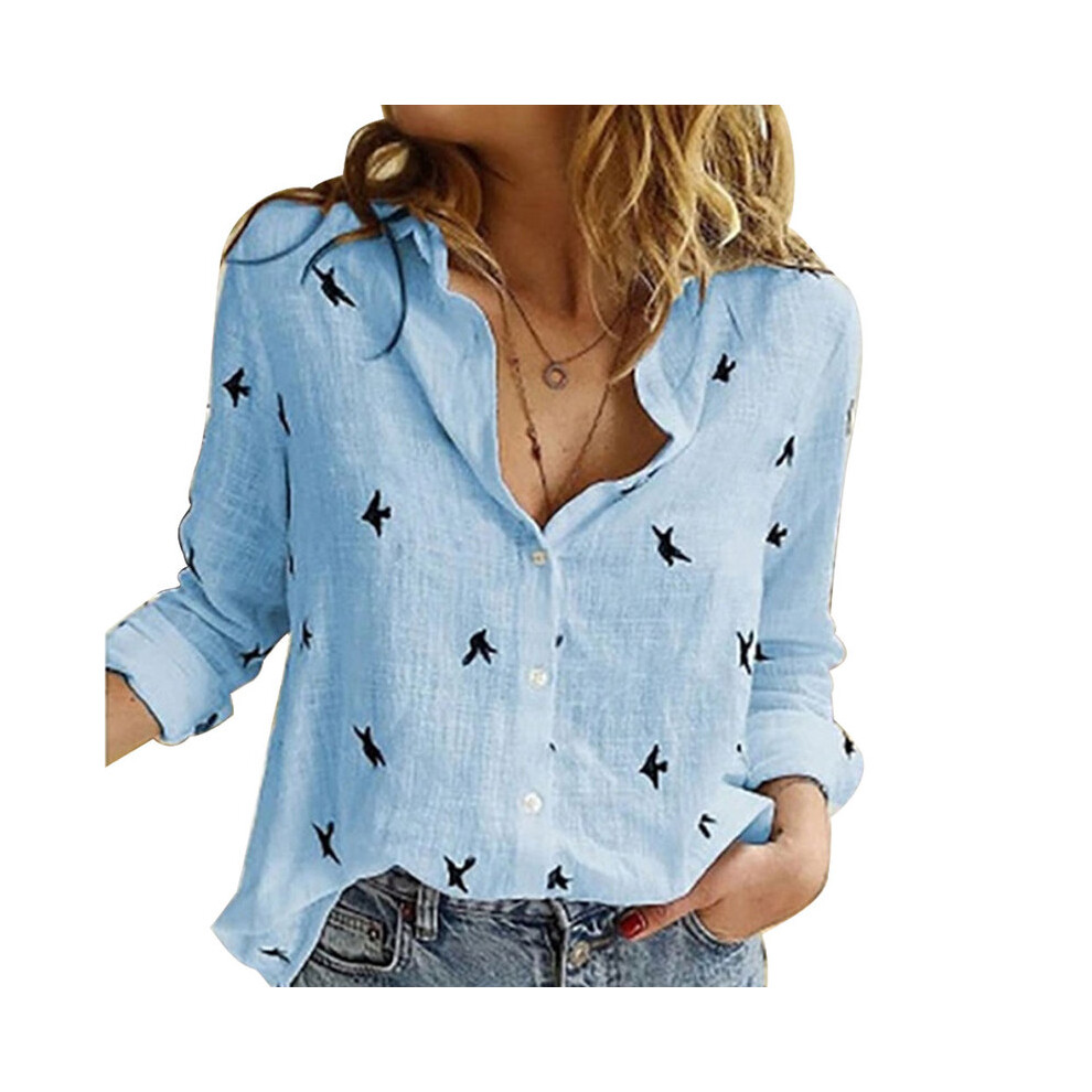 (SKY BLUE, L) Casual Long Sleeve Birds Print Loose T Shirts Women Oversized Cotton and Linen Blouses and Tops Vintage Streetwear Tunic Tees