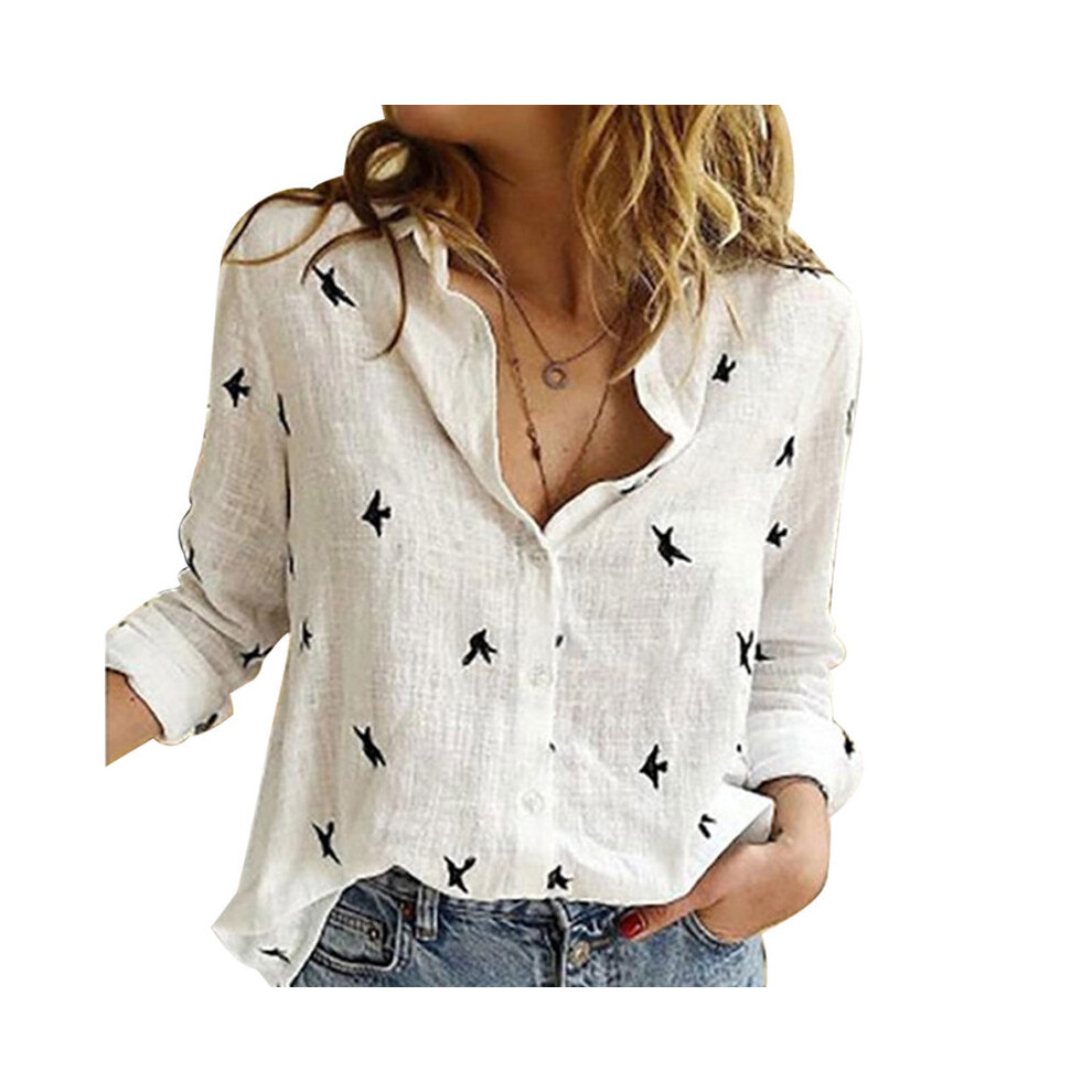 Maxpower (White, Xxxl) Casual Long Sleeve Birds Print Loose T Shirts Women Oversized Cotton And Linen Blouses And Tops Vintage Streetwear Tunic Tees
