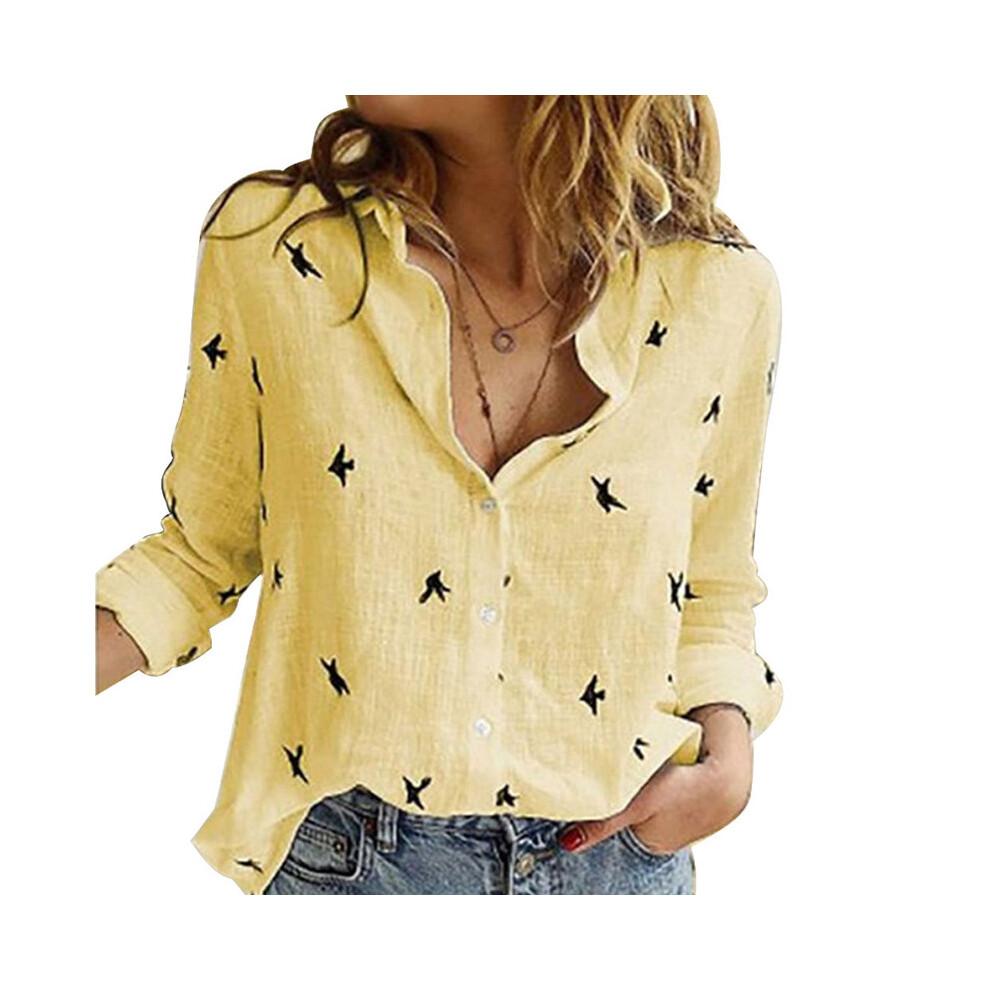 (Yellow, XXXL) Casual Long Sleeve Birds Print Loose T Shirts Women Oversized Cotton and Linen Blouses and Tops Vintage Streetwear Tunic Tees