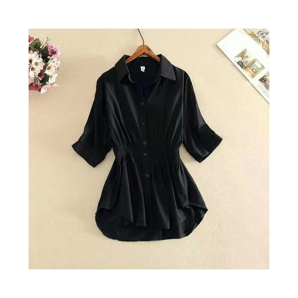 (Black, L) Ladies Autumn Solid Office Shirts Lapel Button Slim Waist Ruffled Work Shirts Fashion Simple Women Shirt Tops Blusas Para Mujer