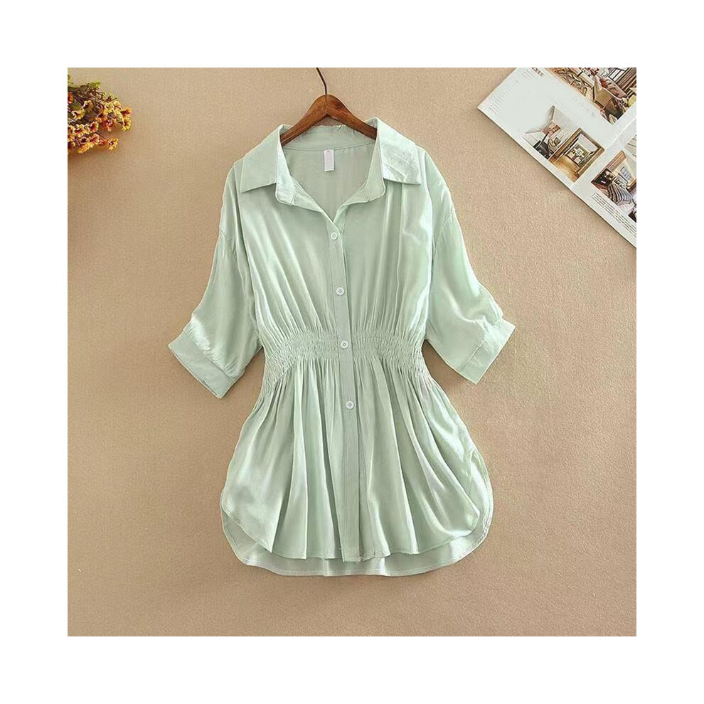 (Green, XXL) Ladies Autumn Solid Office Shirts Lapel Button Slim Waist Ruffled Work Shirts Fashion Simple Women Shirt Tops Blusas Para Mujer