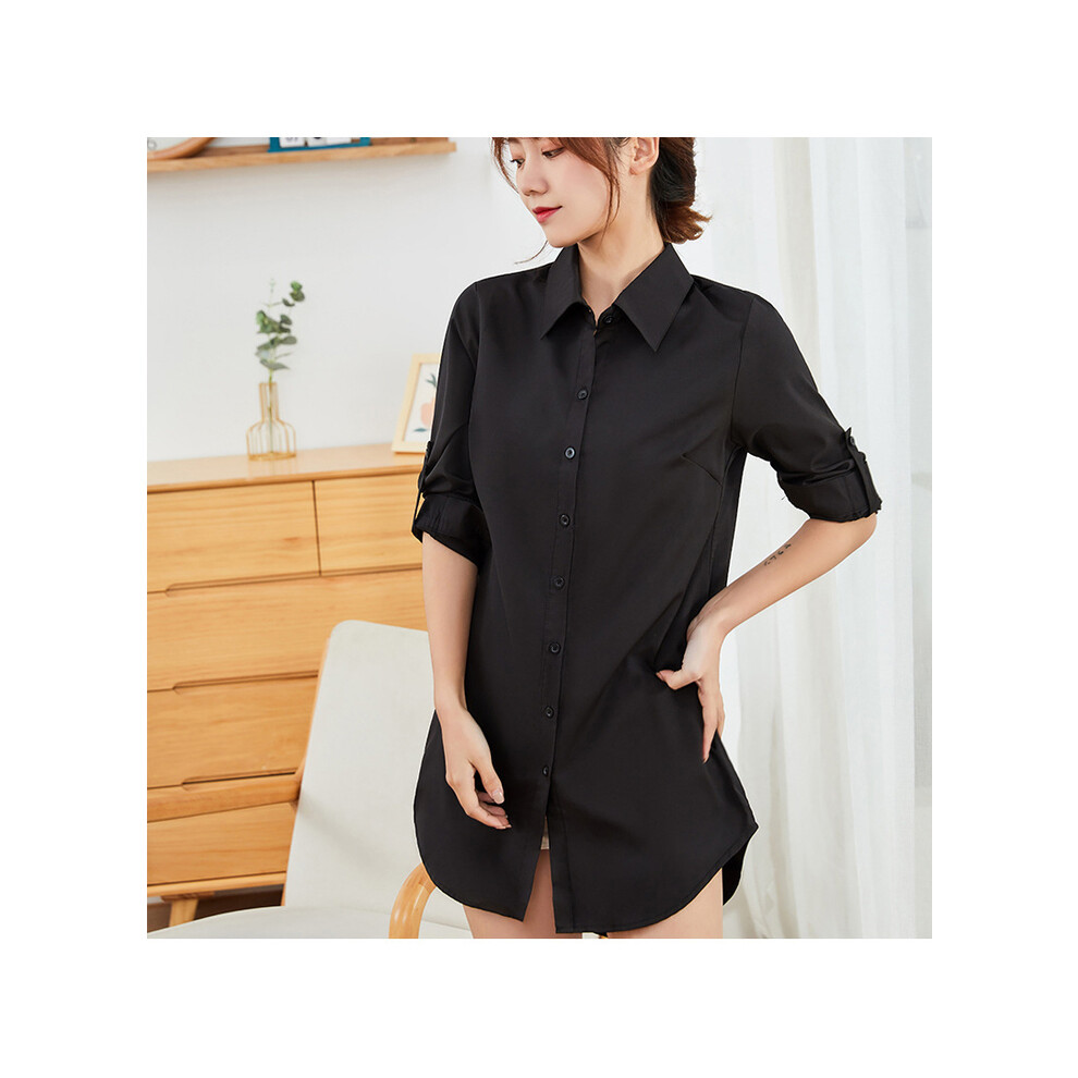 (black, M) Minimalist Full Sleeve Women Long White Shirt And Blouse Korea Style Button Up Loose Tunic Autumn Turn Down Collar Bf Clothing