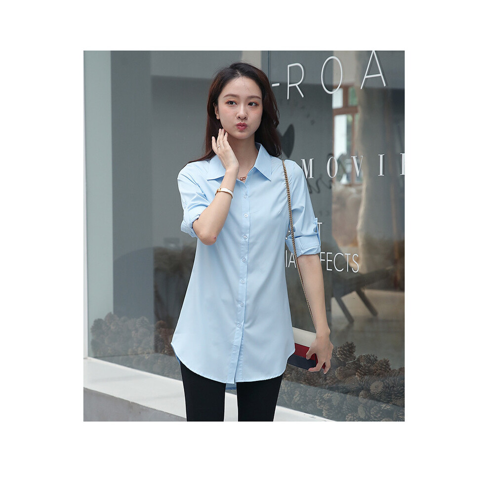 (blue, XL) Minimalist Full Sleeve Women Long White Shirt And Blouse Korea Style Button Up Loose Tunic Autumn Turn Down Collar Bf Clothing