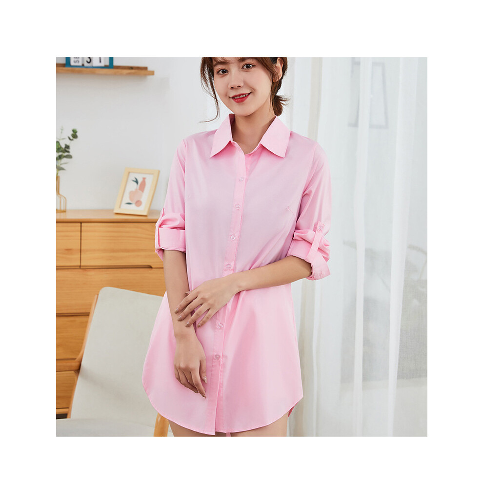 Maxpower (Pink, M) Minimalist Full Sleeve Women Long White Shirt And Blouse Korea Style Button Up Loose Tunic Autumn Turn Down Collar Bf Clothing