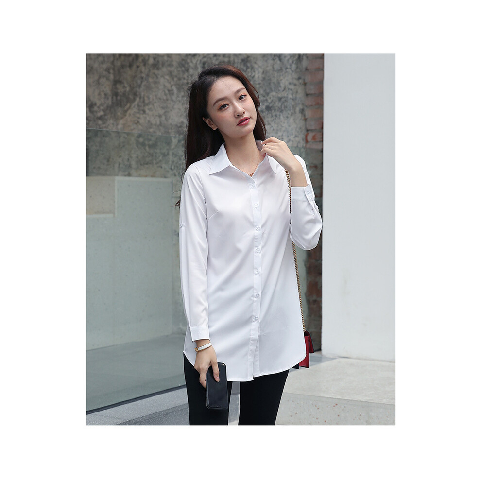 (white, M) Minimalist Full Sleeve Women Long White Shirt And Blouse Korea Style Button Up Loose Tunic Autumn Turn Down Collar Bf Clothing