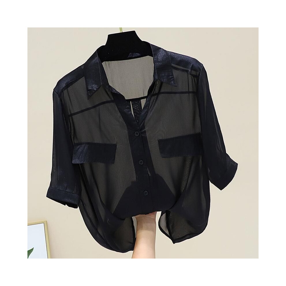 (black, One Size) Chiffon Simplicity Thin Shirt Tops Women Clothing Short Sleeve Polo Neck Solid Street Casual Blouse Summer New Fashion Vintage