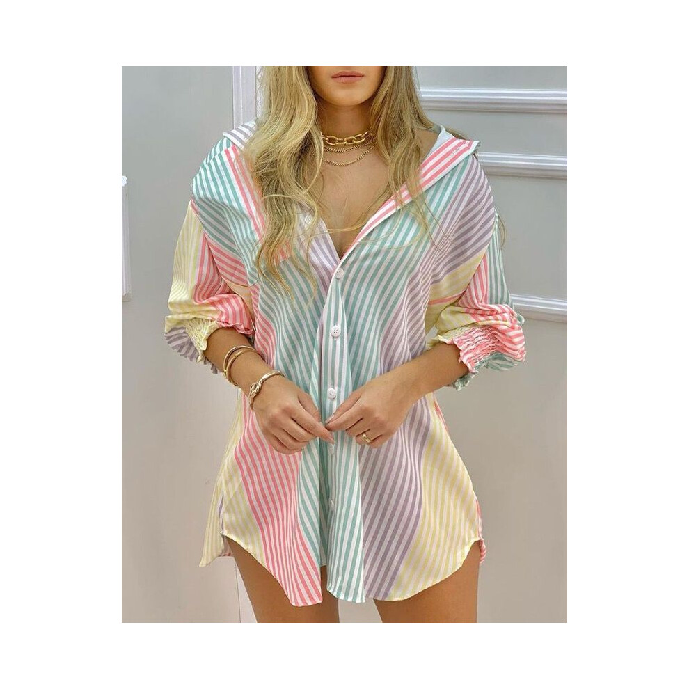 (Stripe, M) Fashion Striped Long Sleeve Buttons Women Shirt Dress Women Summer Fall Clothes Print Long Tops Femme Blouses Woman Shirts