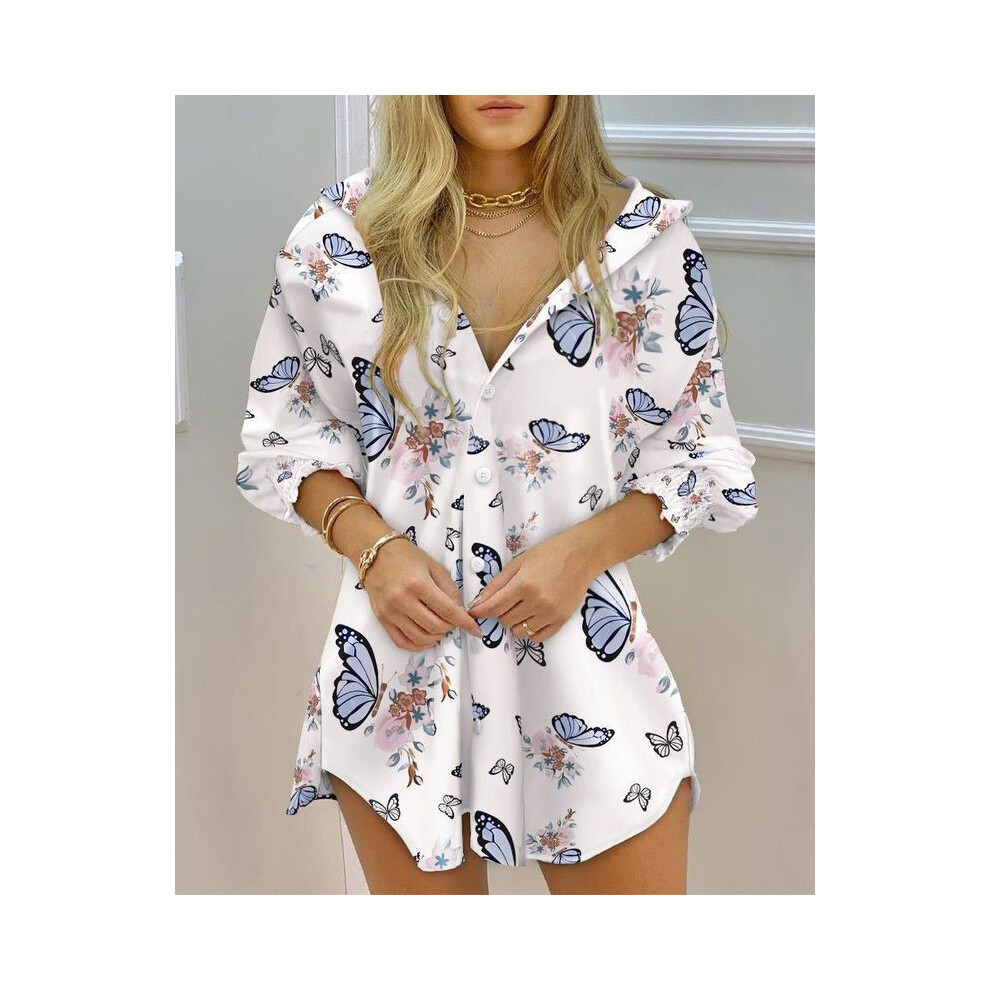 (WHITE, S) Fashion Striped Long Sleeve Buttons Women Shirt Dress Women Summer Fall Clothes Print Long Tops Femme Blouses Woman Shirts