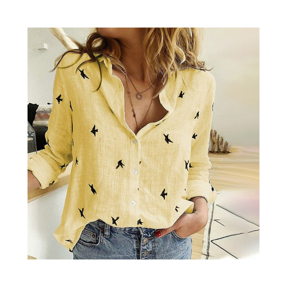 (Yellow Bird, XXXL) Fashion women's printed shirts women's long-sleeved tops pure cotton office 2024 spring and summer casual loose tops large size