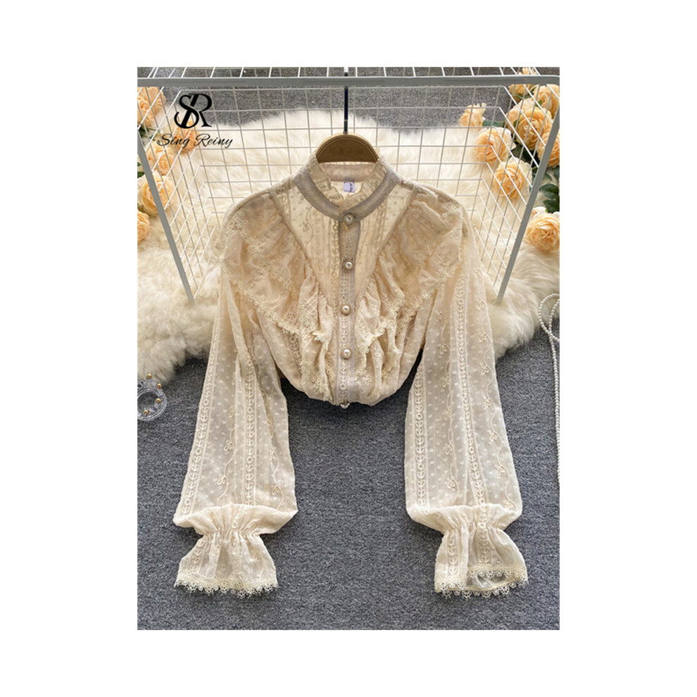 (Apricot, M) SINGREINY Elegant French Blouse Women Temperament Sweet Ruffles Loose Casual Tops Spring Long Sleeve Streetwear White Shirts