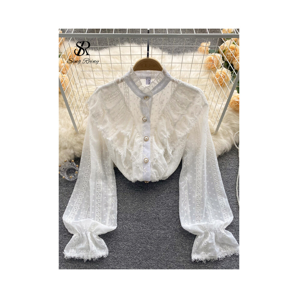 Maxpower (White, S) Singreiny Elegant French Blouse Women Temperament Sweet Ruffles Loose Casual Tops Spring Long Sleeve Streetwear White Shirts