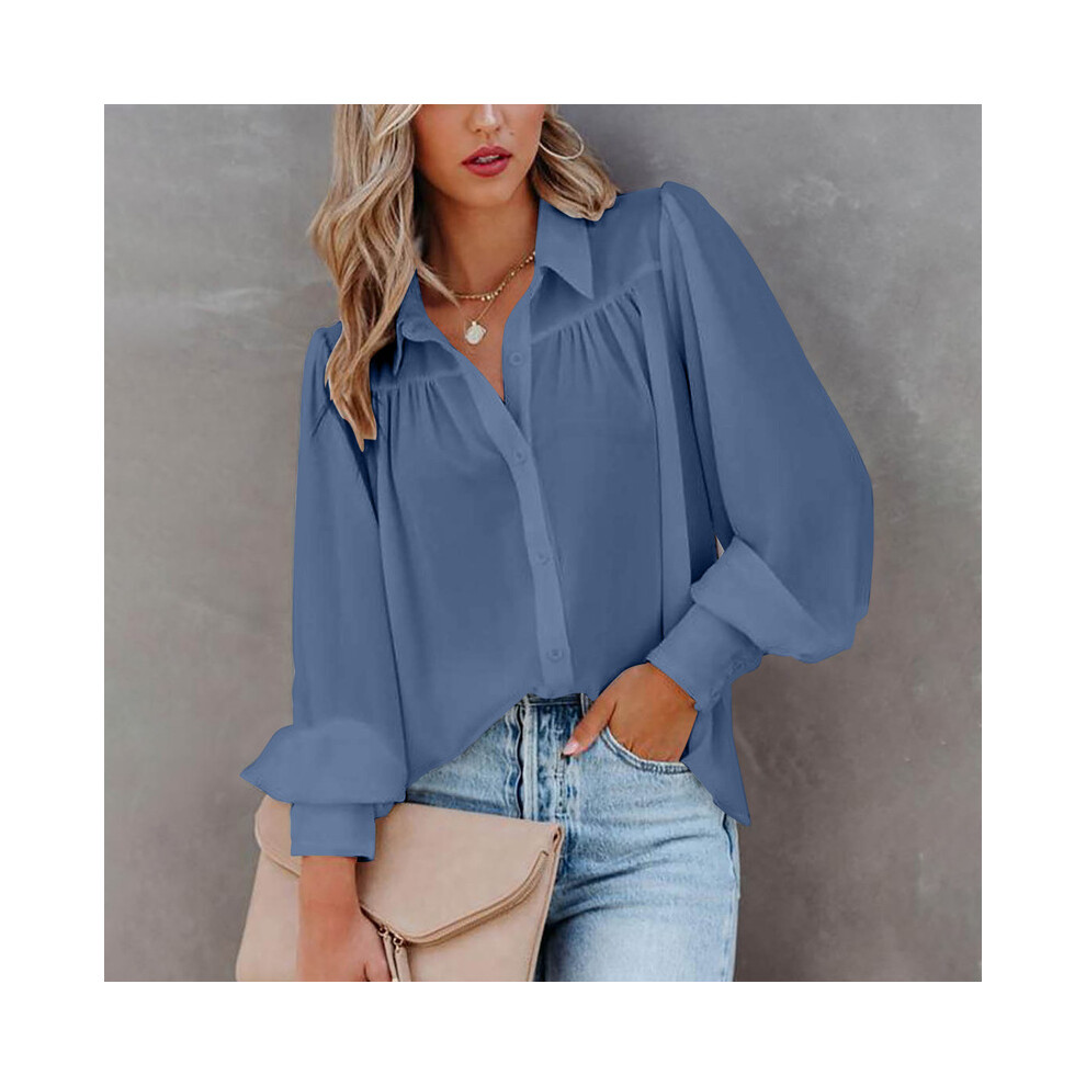 (Blue, L) Leisure White Yellow Shirts Button Lapel Cardigan Top Lady Loose Long Sleeve Oversized Shirt Womens Blouses Casual Tunic Blusas
