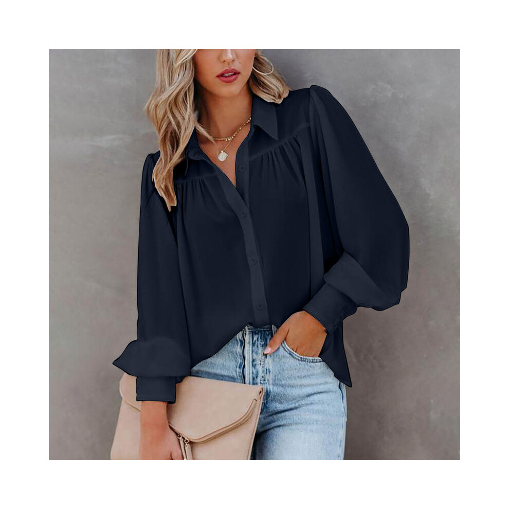 (Navy Blue, M) Leisure White Yellow Shirts Button Lapel Cardigan Top Lady Loose Long Sleeve Oversized Shirt Womens Blouses Casual Tunic Blusas