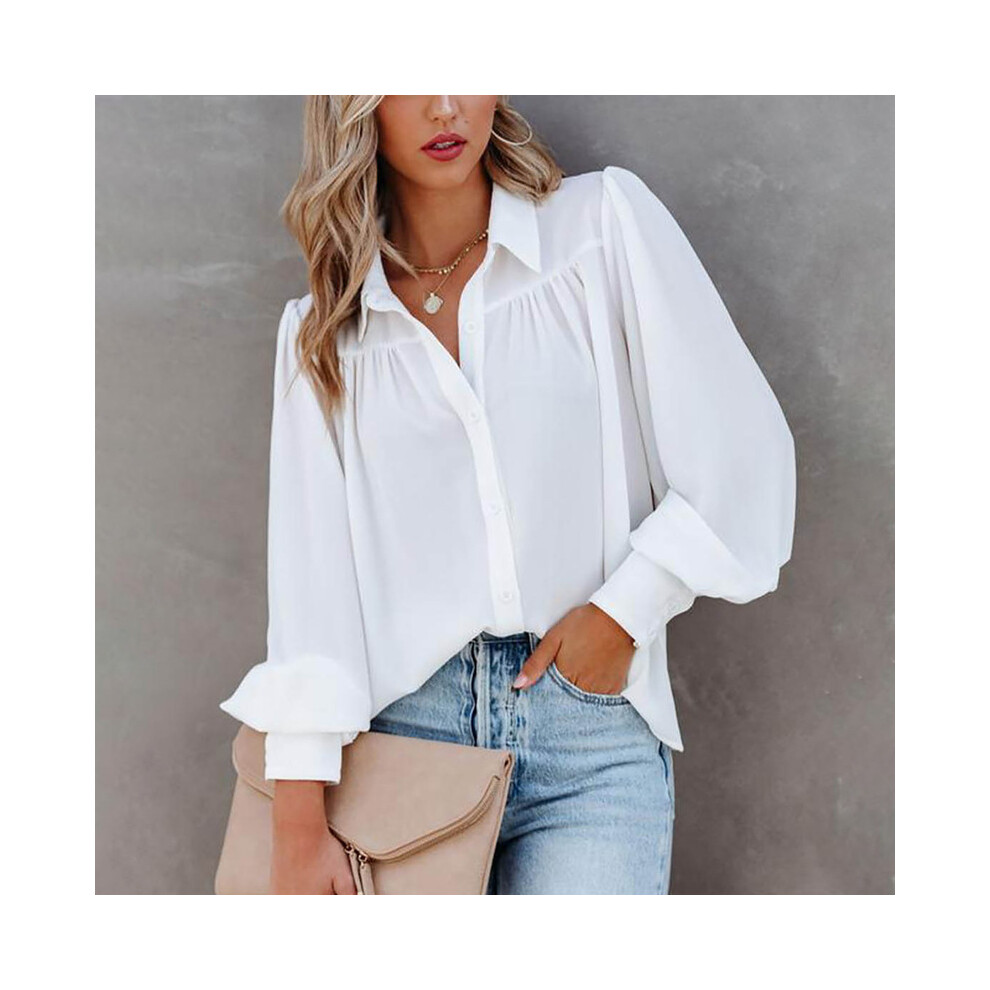 (WHITE, L) Leisure White Yellow Shirts Button Lapel Cardigan Top Lady Loose Long Sleeve Oversized Shirt Womens Blouses Casual Tunic Blusas