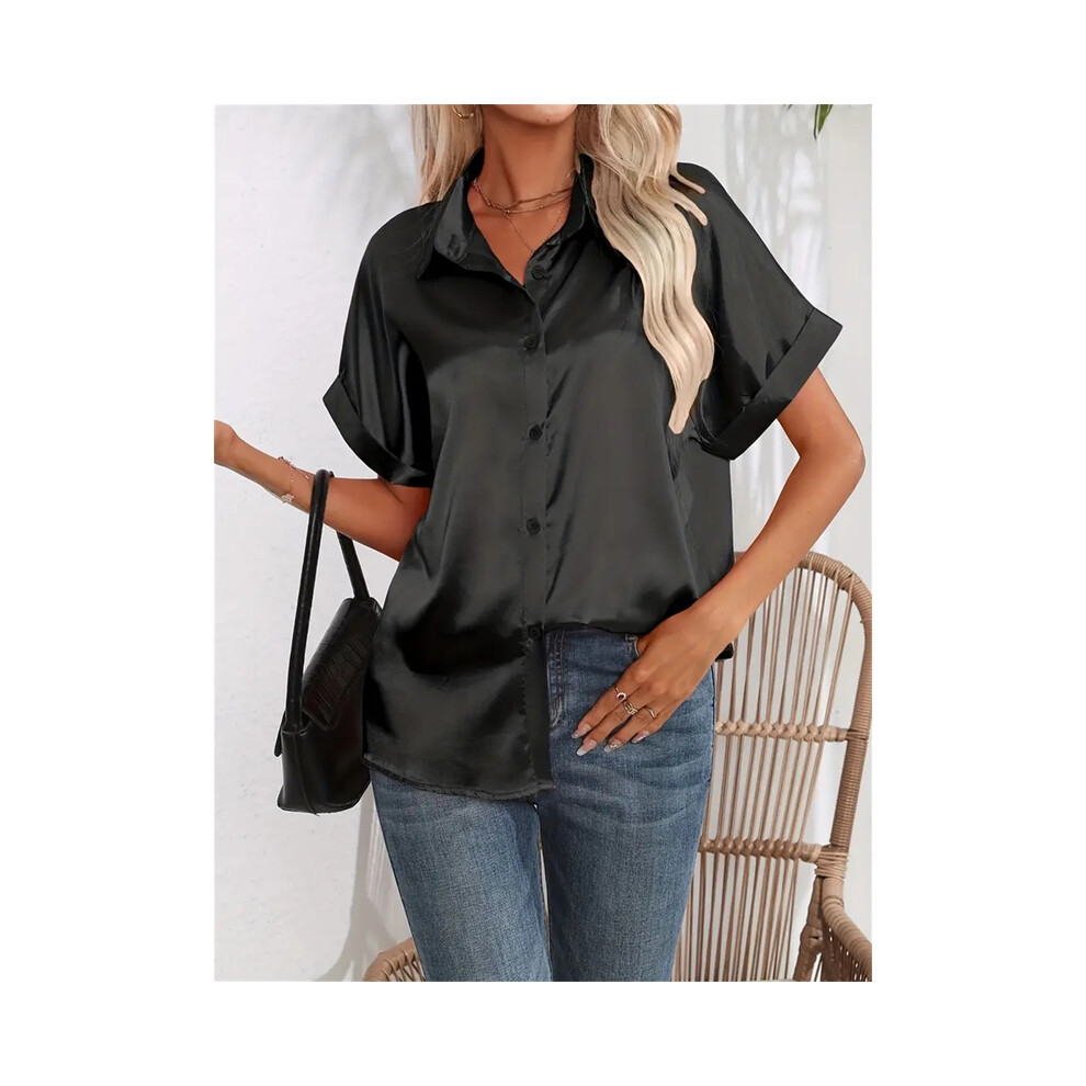 (Black, L) Casual Turn-Down Collar Button Front Solid Color Short Sleeved Satin Shirt Women Summer Blouse