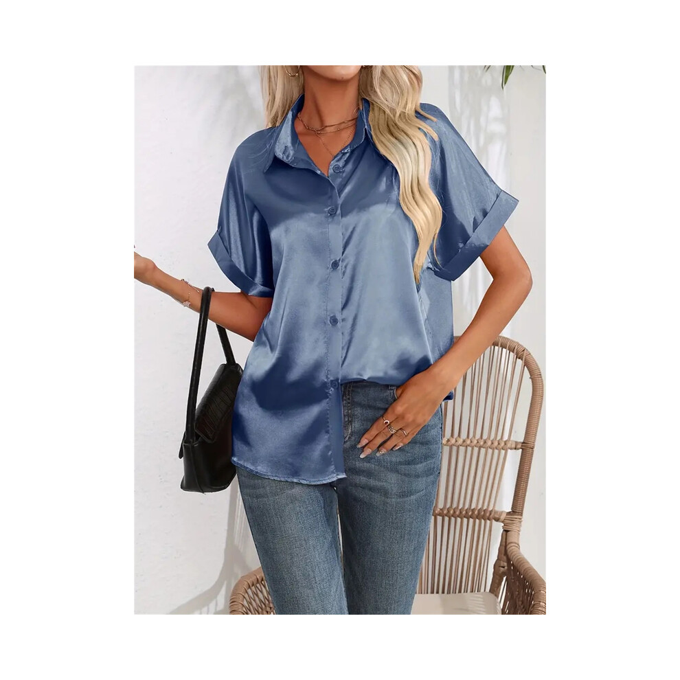 (Blue, XXL) Casual Turn-Down Collar Button Front Solid Color Short Sleeved Satin Shirt Women Summer Blouse-image-OPC-PG8XVXJ-NEW