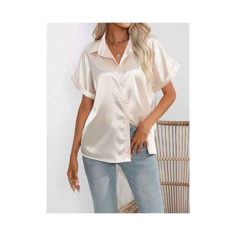 (Champagne, XXL) Casual Turn-Down Collar Button Front Solid Color Short Sleeved Satin Shirt Women Summer Blouse