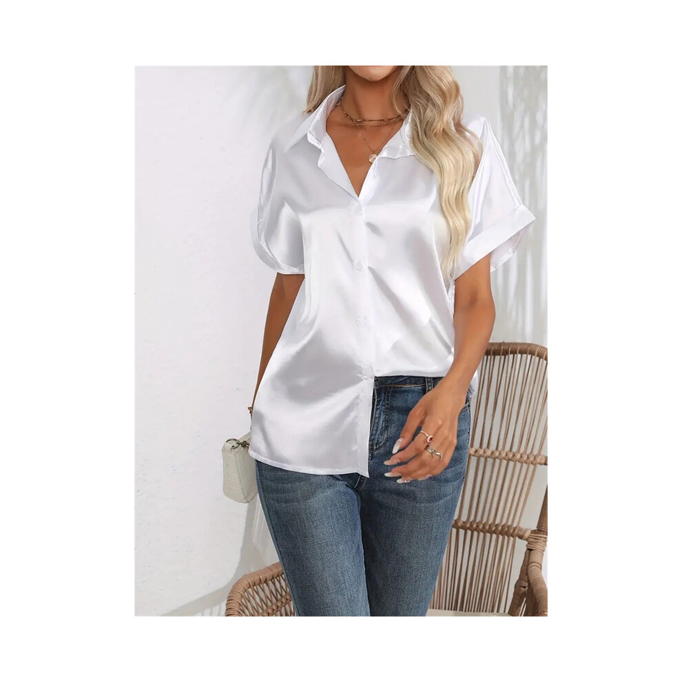 Maxpower (, Xxl) Casual Turn-Down Collar Button Front Solid Color Short Sleeved Satin Shirt Women Summer Blouse White