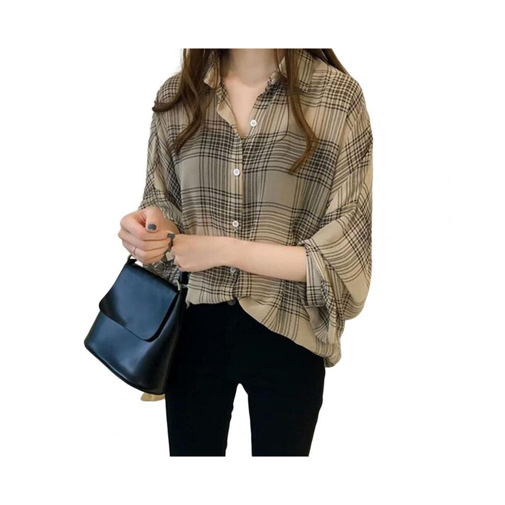 (Apricot, 2XL) Fashion Casual Thin Chiffon Loose Batwing Sleeve Plaid Women Shirt 2022 Office Lady All-match Lapel Button Oversize Woman Blouse