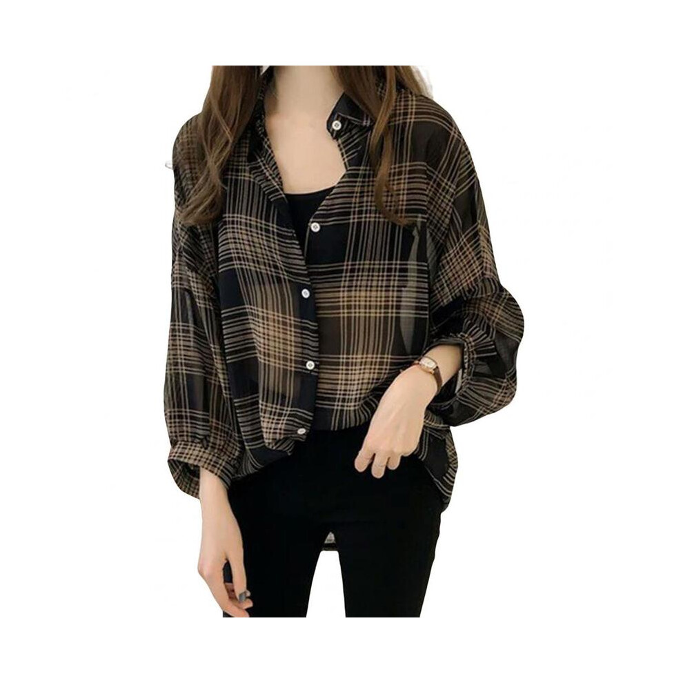 Maxpower (Black, 4XL) Fashion Casual Thin Chiffon Loose Batwing Sleeve Plaid Women Shirt 2022 Office Lady All-Match Lapel Button Oversize Woman Blouse