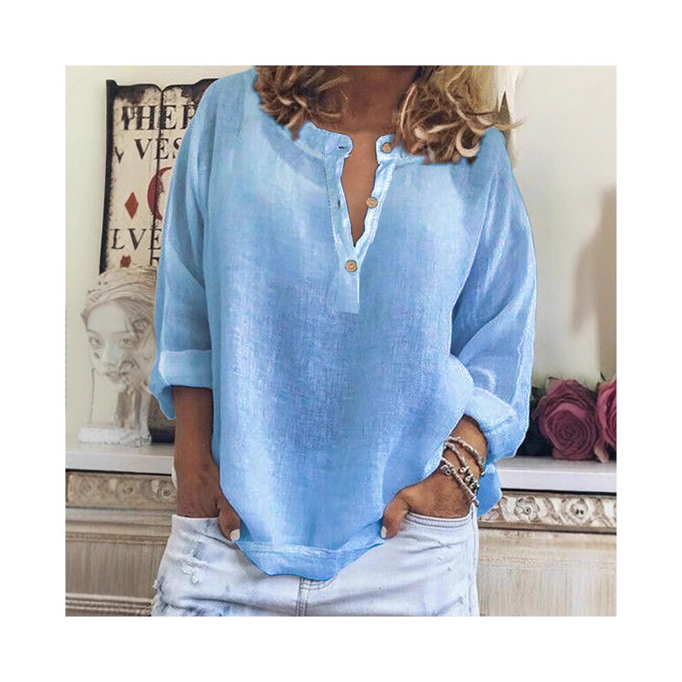 (Blue, L) Spring Autumn Solid Casual Loose Long Sleeve Shirt New Fashion Elegant Button O Neck Office Holiday Tops Shirts Womens Clothing