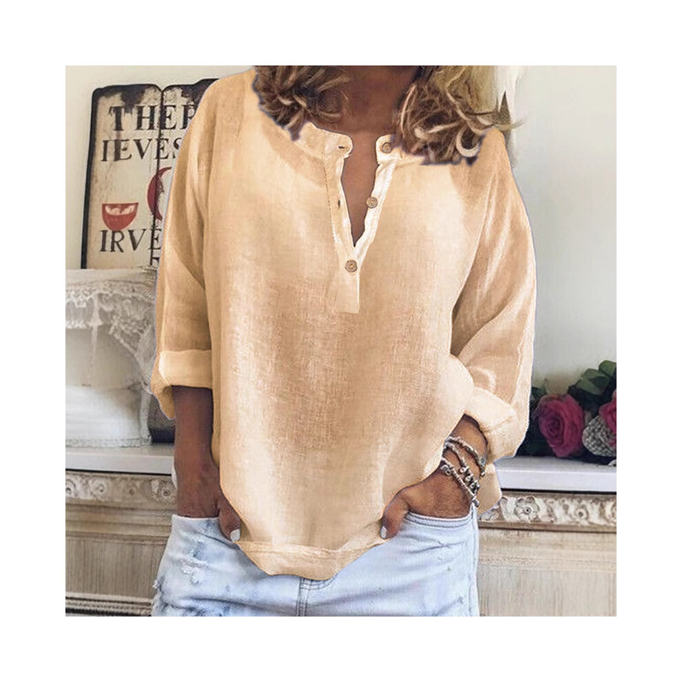 (Khaki, XXL) Spring Autumn Solid Casual Loose Long Sleeve Shirt New Fashion Elegant Button O Neck Office Holiday Tops Shirts Womens Clothing