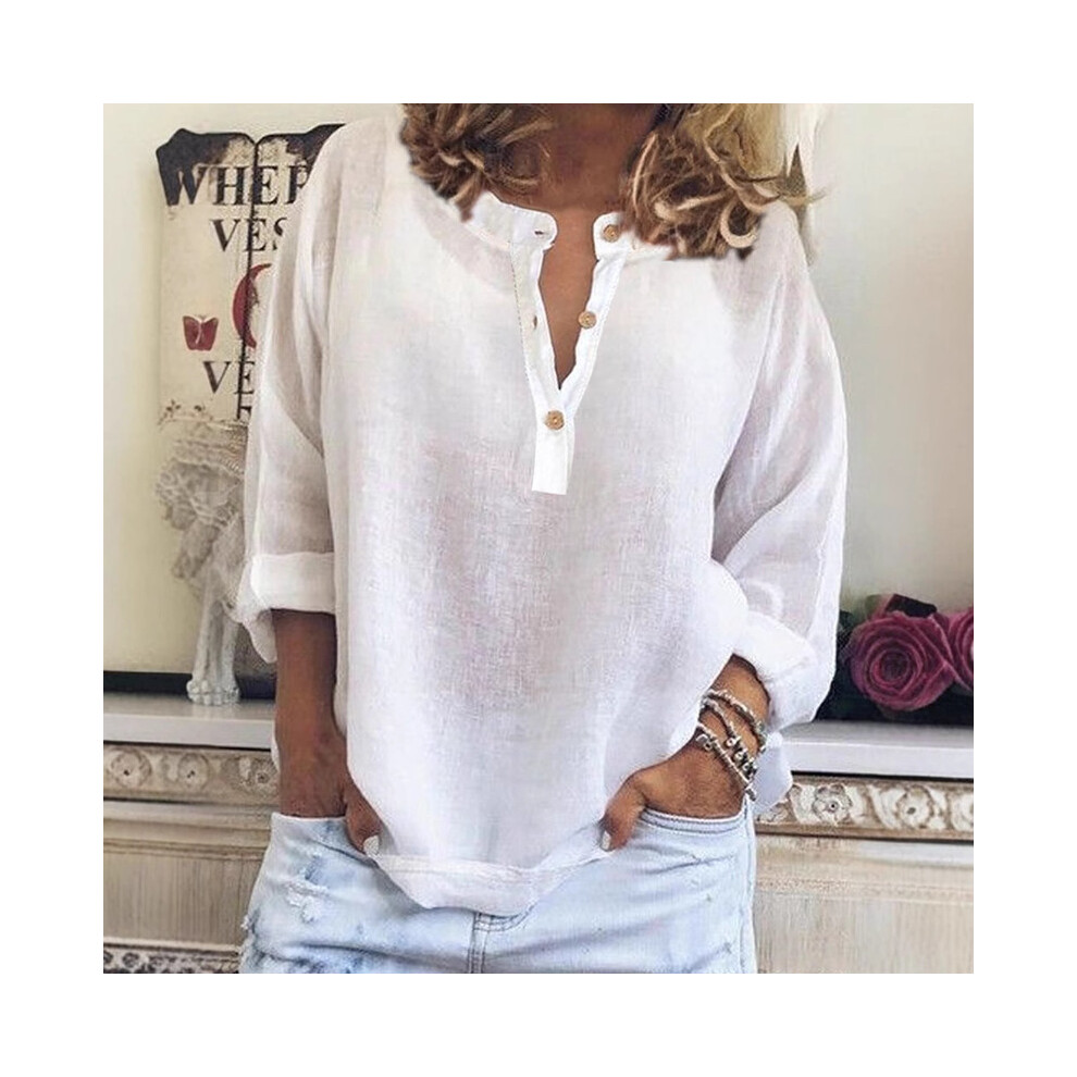 (WHITE, L) Spring Autumn Solid Casual Loose Long Sleeve Shirt New Fashion Elegant Button O Neck Office Holiday Tops Shirts Womens Clothing