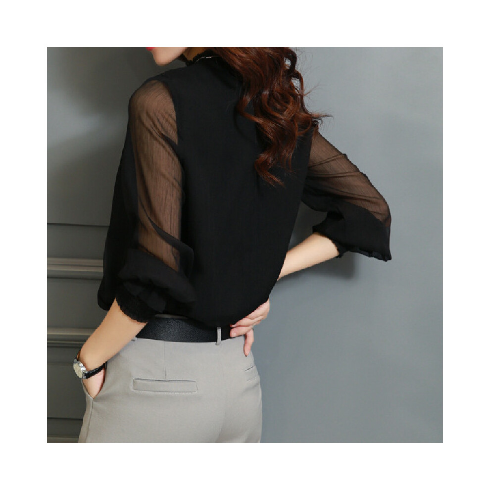 (black, L) Spring Summer New Lace Chiffon Shirt Women's Mesh Ruffled Long Sleeve Fashion Casual Top Shirts Elegant Whiter Green Tops Blouse