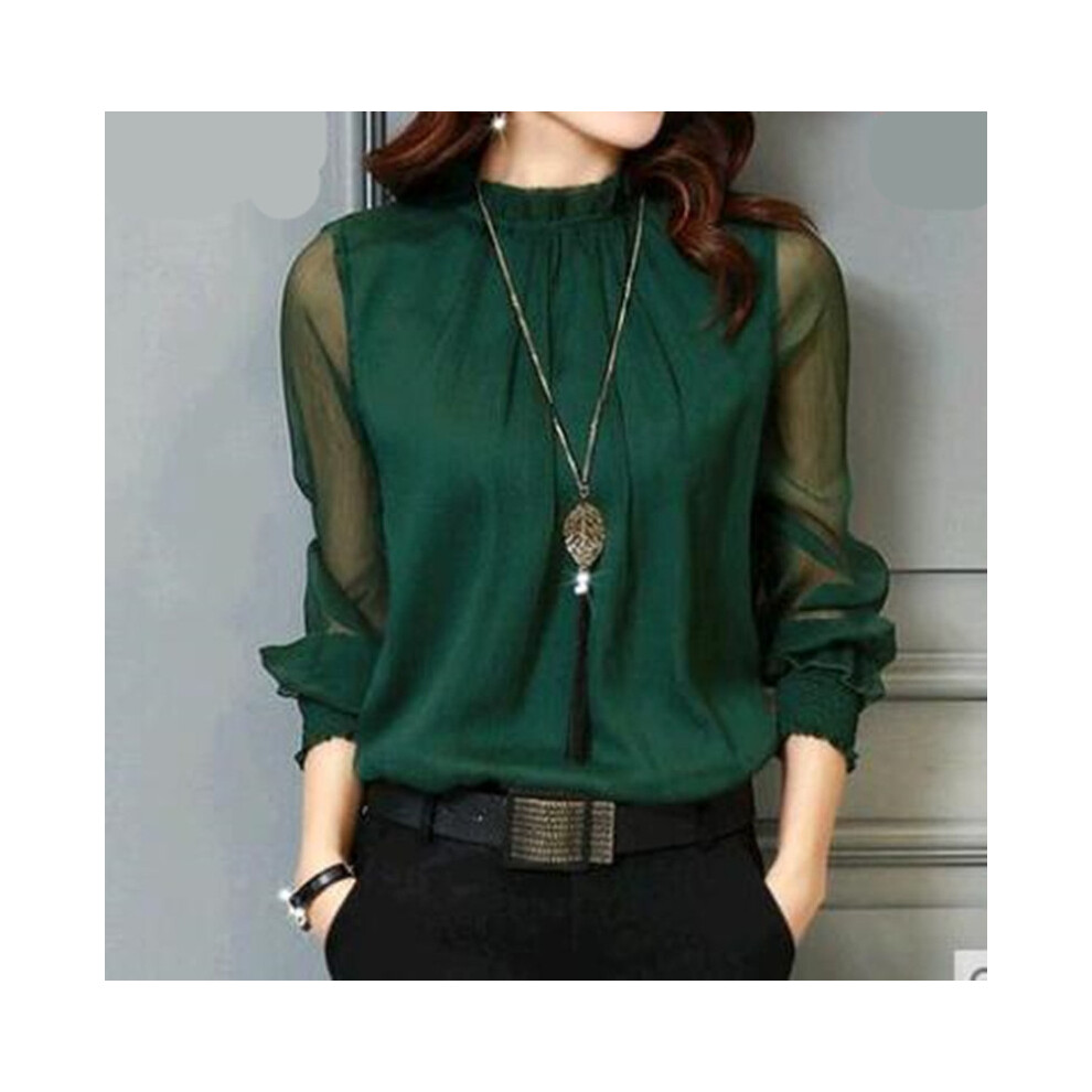 (Dark Green, M) Spring Summer New Lace Chiffon Shirt Women's Mesh Ruffled Long Sleeve Fashion Casual Top Shirts Elegant Whiter Green Tops Blouse