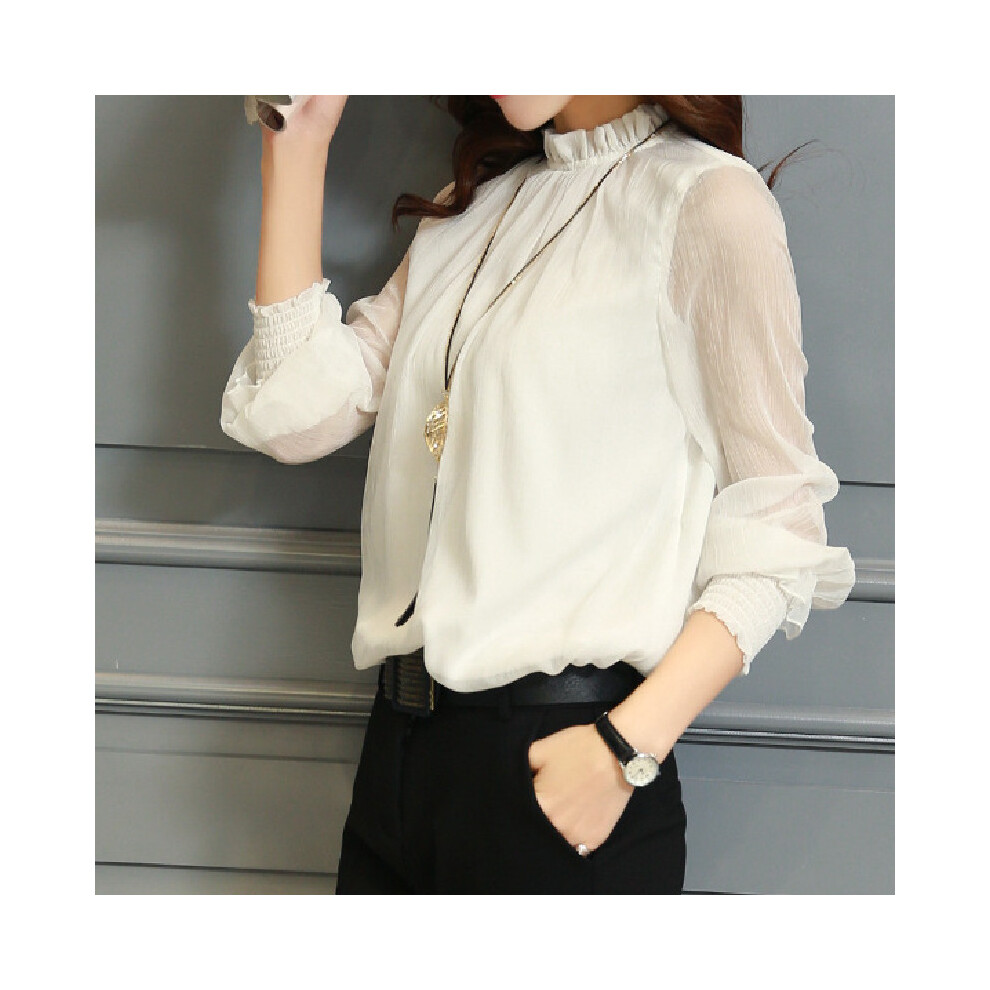 (WHITE, M) Spring Summer New Lace Chiffon Shirt Women's Mesh Ruffled Long Sleeve Fashion Casual Top Shirts Elegant Whiter Green Tops Blouse