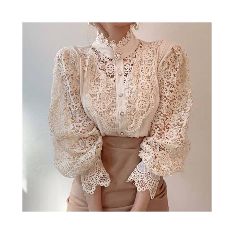 (Apricot, L) Vintage Solid White Lace Blouse Shirts Women New Korean Button Loose Shirt Tops Female Hollow Casual Ladies Blouses Blusas