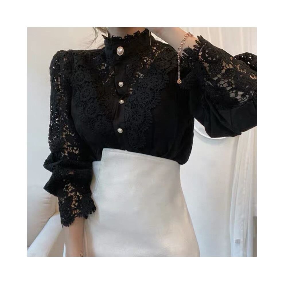 (black, XL) Vintage Solid White Lace Blouse Shirts Women New Korean Button Loose Shirt Tops Female Hollow Casual Ladies Blouses Blusas
