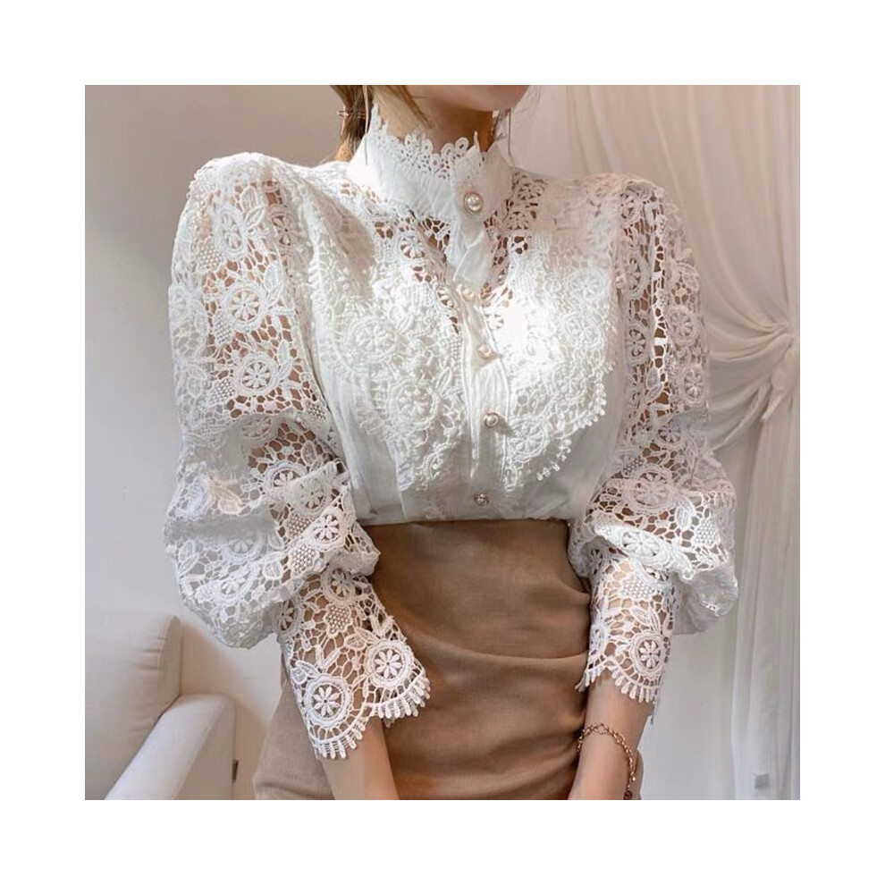Maxpower (White, L) Vintage Solid White Lace Blouse Shirts Women New Korean Button Loose Shirt Tops Female Hollow Casual Ladies Blouses Blusas