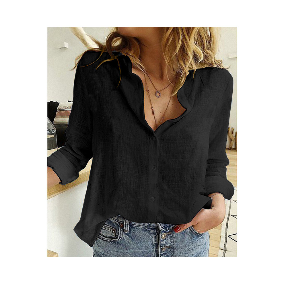 (Black, 2XL) Oversized Women Loose Cotton Linen Blouse Summer Fashion Lady Turn Down Collar Long Sleeve Solid Shirt Tops WYLP-D0002