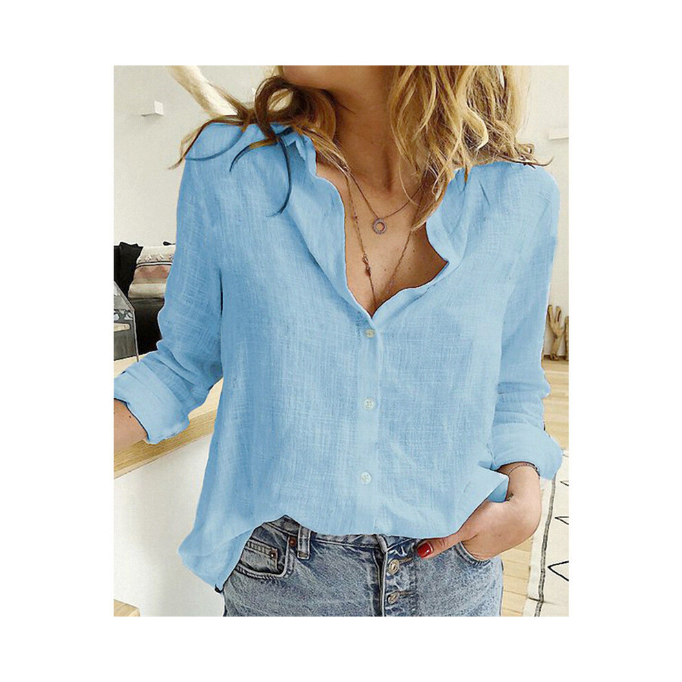 (Blue, M) Oversized Women Loose Cotton Linen Blouse Summer Fashion Lady Turn Down Collar Long Sleeve Solid Shirt Tops WYLP-D0002