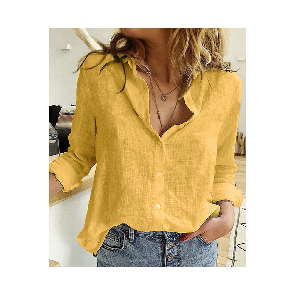 (Yellow, 5XL) Oversized Women Loose Cotton Linen Blouse Summer Fashion Lady Turn Down Collar Long Sleeve Solid Shirt Tops WYLP-D0002