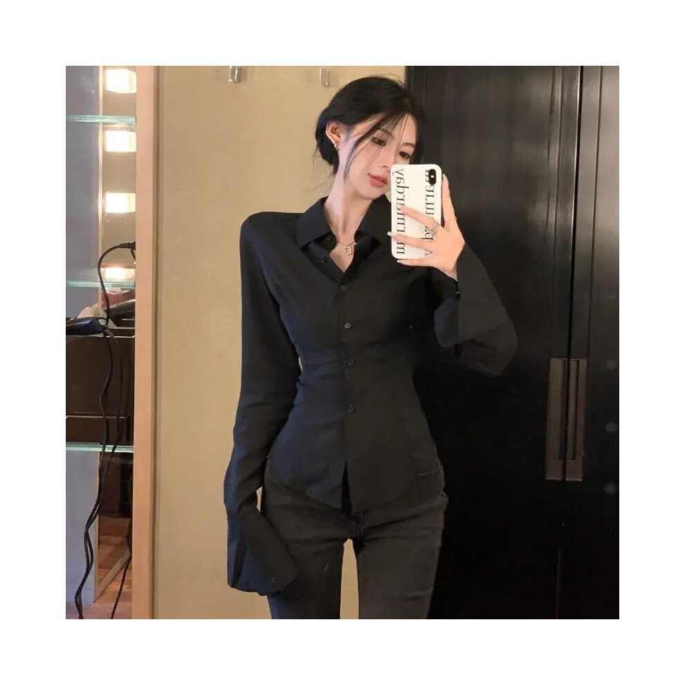 (black, L) Women Sexy Slim Black White Chiffon Shirt Korean Fashion Tunic Back Lace-up Flare Sleeve Blouses Turn-down Collar Shirts Autumn